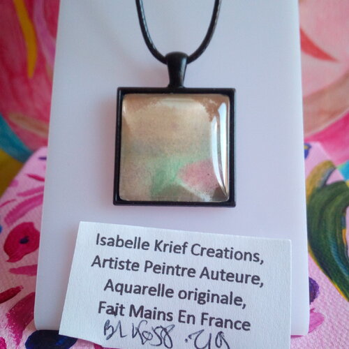 Pendentif carre laiton noir avec cabochon aquarelle rouge vert rose bleu beige peint par artiste,cordon,cadeau fete noel