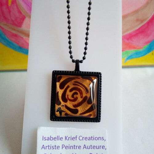 Verre peint artiste francaise,pendentif carre laiton noir avec cabochon fleur marron or,fait mains en france,cadeau fete noel anniversaire