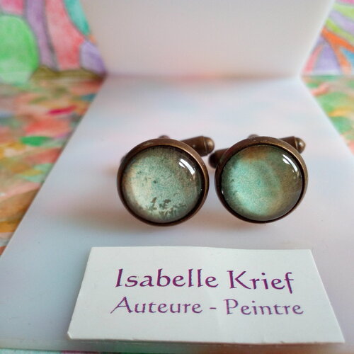 Boutons de manchette laiton avec cabochons ronds aquarelle abstrait,fait mains en france,cadeau fete anniversaire noel