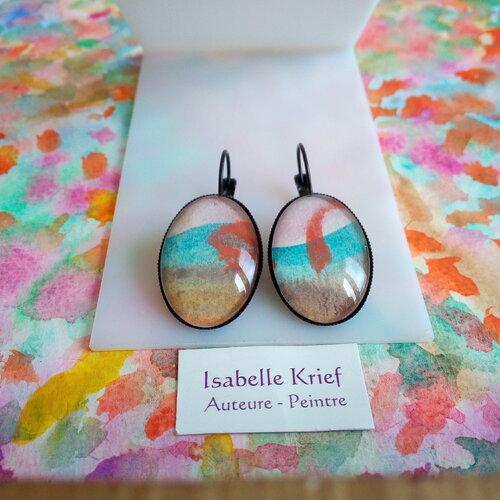 Boucles oreilles laiton noir avec cabochons ovals aquarelle originale,fait mains en france,fermoir dormeuses,abstrait boho gothique