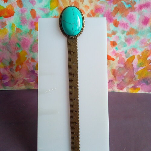 Marque page regle decimetre en laiton fleuri avec cabochon oval turquoise pierre gemme bleue,accessoire livre,cadeau fete anniversaire noel