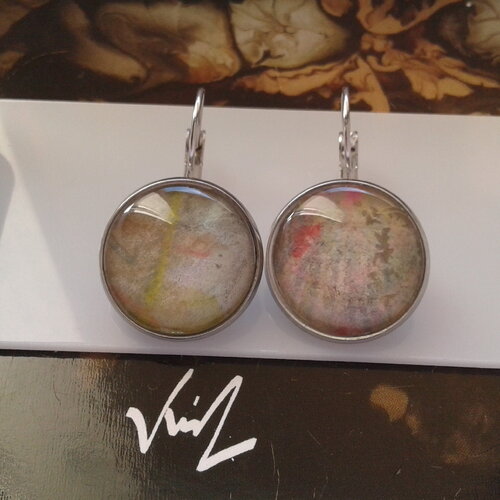 Aquarelle originale,dormeuses acier rondes,jaune bleu rose vert,boho gothique,punk fantastique abstrait