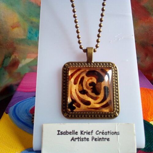 Peint par artiste,pendentif carré fleuri marron et or,avec chaine boule laiton bronze,fait mains en france,art deco art nouveau,boho bobo