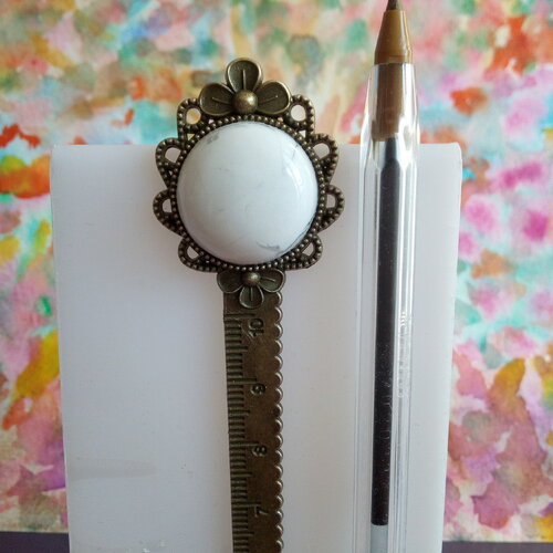 Marque page regle fleuri en laiton avec cabochon rond howlite pierre gemme blanche,accessoire livre film,cadeau fete anniversaire noel