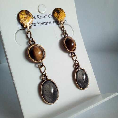 Clips oreilles oeil de tigre,quartz pierre fine avec cabochons aquarelle originale,fait mains en france,cadeau fete anniversaire noel