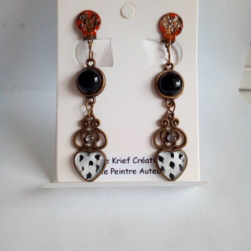 Clips oreilles onyx noire,pierre gemme,cristal swarovski et pendentifs coeur peints par artiste,cadeau fete anniversaire noel,fait en france