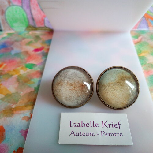 Aquarelle artiste peintre française,clips oreilles ronds,bleu vert marron bronze,abstrait fantastique,bobo boho gothique