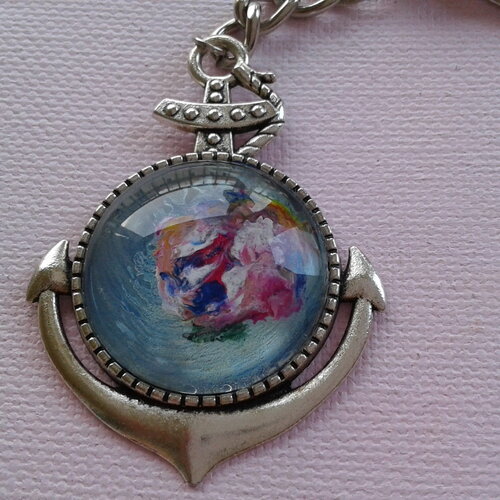Peint par artiste française,porte clé ancre marine,bleu jaune vert rose,blanc rouge violet orange,mousqueton,cadeau boheme gothique