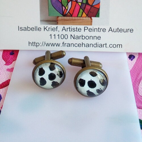 Peint artiste francaise,boutons de manchette laiton bronze avec cabochons ronds verre peints noir et blanc,cadeau fete anniversaire noel