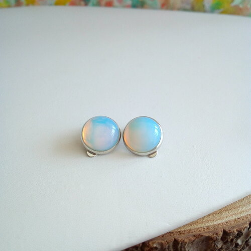 Opale, clips oreilles argente rhodie avec cabochons ronds,pierre precieuse,cadeau fete anniversaire noel,fait mains en france