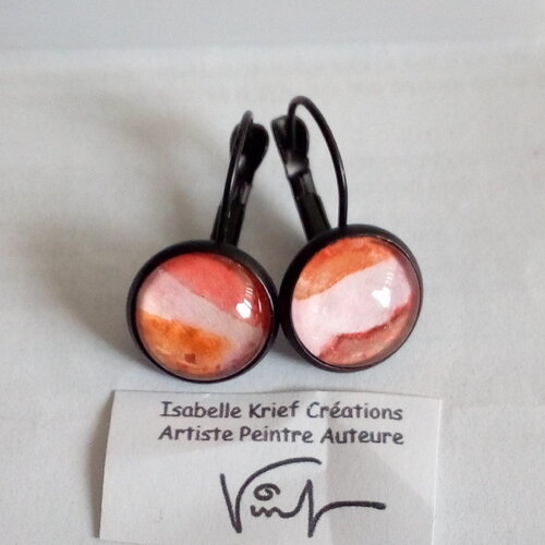 Aquarelle originale ooak,artiste peintre française,dormeuses rondes noir rose orange rouge,boucles oreilles percées,bobo boho gothique