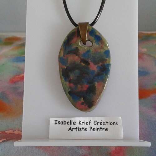 Peint artiste française,pendentif goutte argile ooak,vert rose bleu noir,cordon noir,fait mains en france,boho bobo gothique,cadeau fete