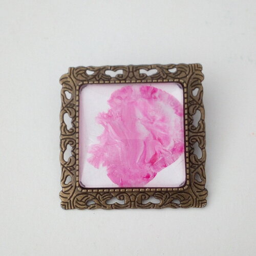 Peinture art abstrait contemporain,broche laiton carre avec cabochon rose blanc,art nouveau deco,fermoir epingle,cadeau fete anniversaire