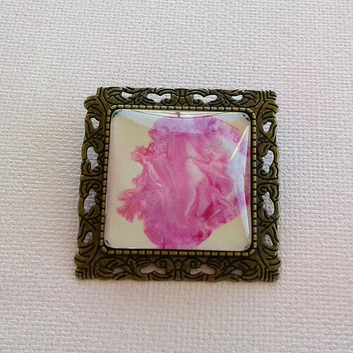 Peinture art abstrait contemporain,broche laiton carre avec cabochon rose blanc,art nouveau deco,fermoir epingle,cadeau fete anniversaire