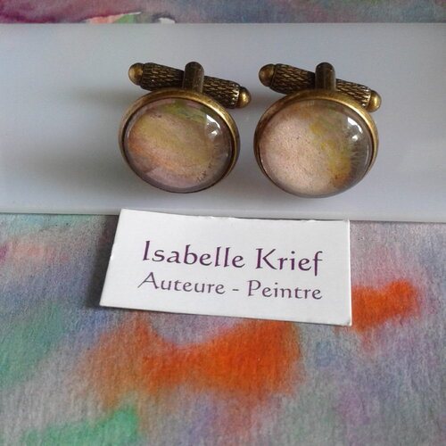Aquarelle originale,boutons manchette ronds,rose marron vert bronze,bobo boho gothique,cadeau fete