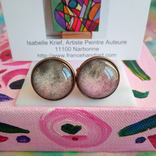 Boutons manchette laiton bronze avec cabochons ronds aquarelle