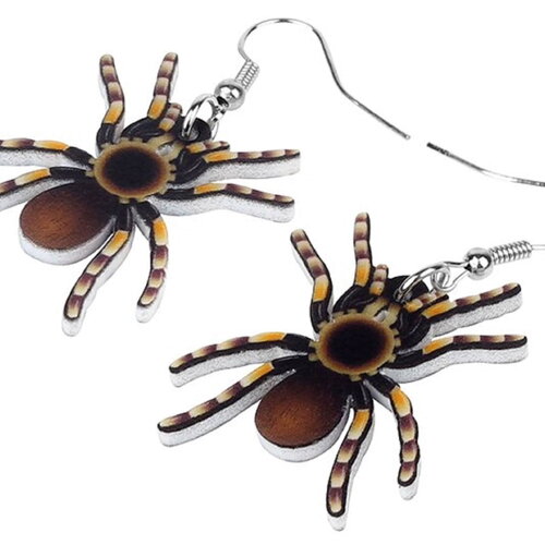 Boucles oreille araignee velue marron noir orange,crochets en acier inoxydable,cadeau fete anniversaire noel,fait mains en france