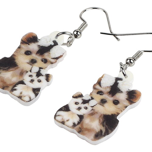 Boucles oreilles pendantes chien yorkshire maman et bebe,marron rose blanc noir,crochets en acier inoxydable