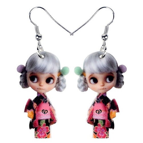 Boucles oreilles poupee petite fille blonde gros yeux noirs robe rose fleurie,crochets acier