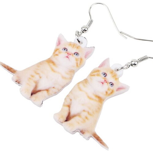 Boucles oreilles pendantes plastique acrylique laser cut petit chat mignon tigre roux,crochets en acier inoxydable