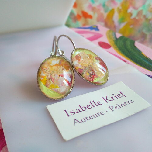 Boucles oreilles dormeuses argente rhodie avec pendentifs ovales peints par artiste francaise,cadeau fete anniversaire noel,boho bobo