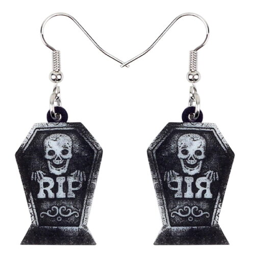 Boucles oreilles pendantes plastique acrylique laser cut cercueil tete de mort noir,avec fermoirs crochets en acier inoxydable,fait mains