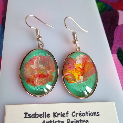 Boucles oreilles pendantes crochets acier avec pendentif ovale en verre peint par artiste francaise,cadeau fete anniversaire noel