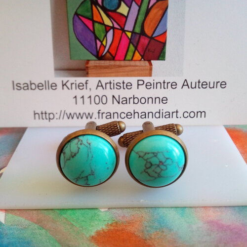 Turquoise,boutons de manchettes bronze avec cabochons ronds 12mm pierre precieuse bleue,fait mains en france,cadeau fete anniversaire