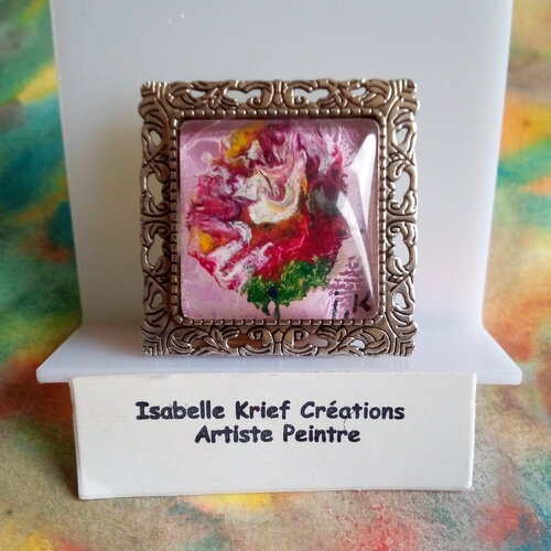 Verre peint par artiste, broche avec cabochon carre fleuri rouge rose argente,cadeau fete anniversaire noel,piece unique
