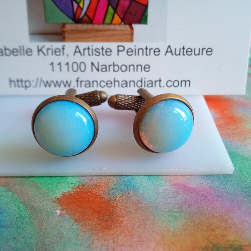 Opale,boutons de manchettes bronze avec cabochons ronds 12mm pierre precieuse blanche,fait mains en france,cadeau fete anniversaire
