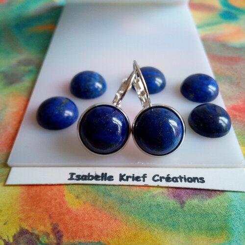 Lapis lazuli, dormeuses rhodié avec cabochons ronds pierre precieuse, bijou boho bobo gothique,fait mains en france