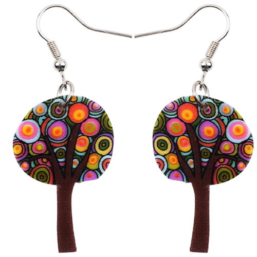 Paire boucle oreille acrylique,arbre feuillage fleur fruit,tronc,marron rose vert orange,jaune violet bleu,pop art gothique mode,bijou femme