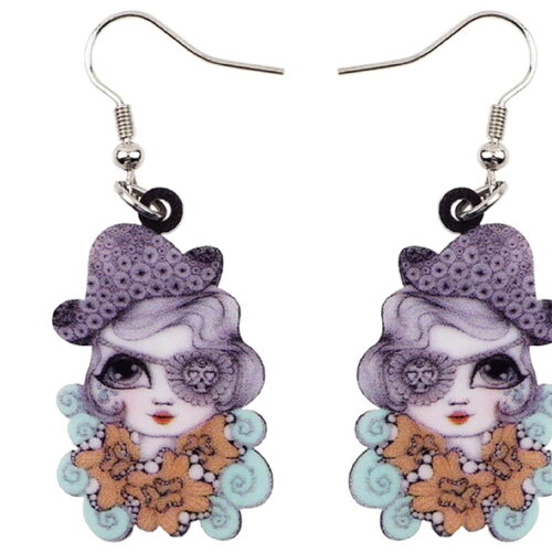 Boucles oreille acier inoxydable,visage femme poupée monstre,pirate coeur papillon fleur,violet ,bijou gothique edouardien,steampunk