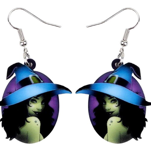 Boucles oreilles percées acrylique,sorcière chapeau etoile,bleu violet vert noir,edouardien,crochets inox,bijou gothique dangle,steampunk