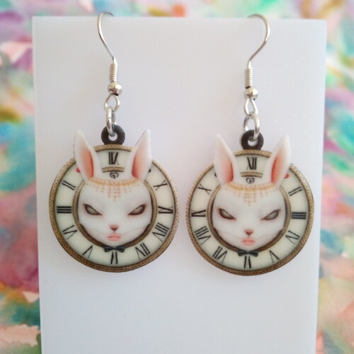 Boucles oreilles lapin lievre horloge alice conte fantastique,avec crochets en acier inoxydable
