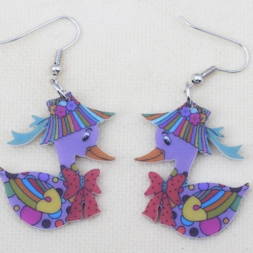 Boucles oreilles pendantes canard avec chapeau fleuri, et fermoirs crochets en acier inoxydable,