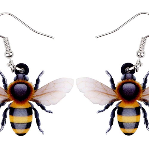 Paire boucle oreille acrylique,abeille insecte volant,jaune marron blanc noir,punk gothique edouardien,bijou femme homme,cadeau fete noel