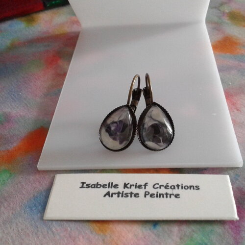 Peint artiste francaise,dormeuses gouttes cabochon,violet amethyste nacre blanc,bijou femme ooak,boho bobo,gothique victorien