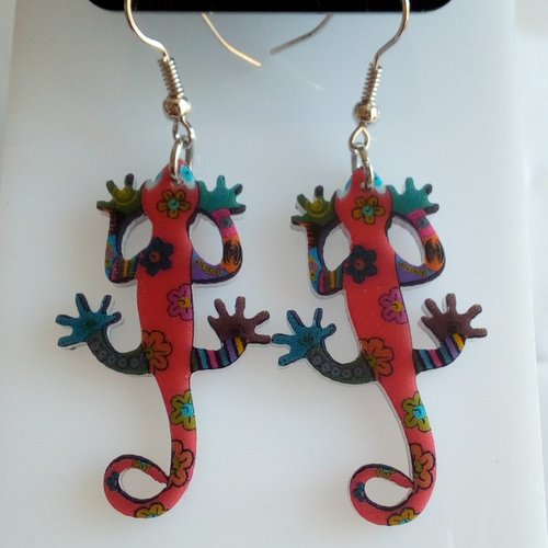 Paire boucle oreille plastique acrylique,iguane,bleu vert orange jaune,bijou steampunk edouardien,fleur feuille boho
