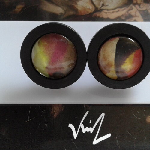 Aquarelle originale,artiste peintre française,boucles oreille bois acier,cabo ronds,rouge marron jaune noir,cadeau fete noel