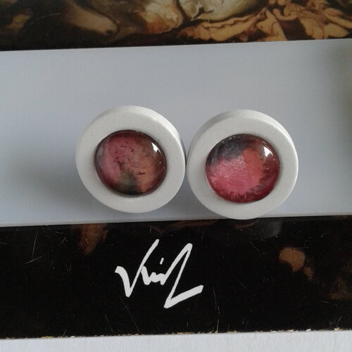 Clous oreille en bois avec cabochons en verre ronds, aquarelle originale rouge blanc rose,fait mains en france,cadeau fete anniversaire noel