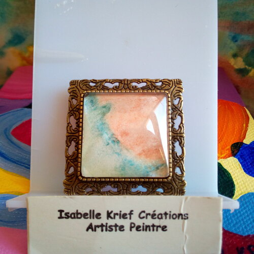 Aquarelle peint par artiste,broche carre en laiton bronze avec cabochon bleu orange,fermoir epingle,fait mains en france,cadeau fete noel