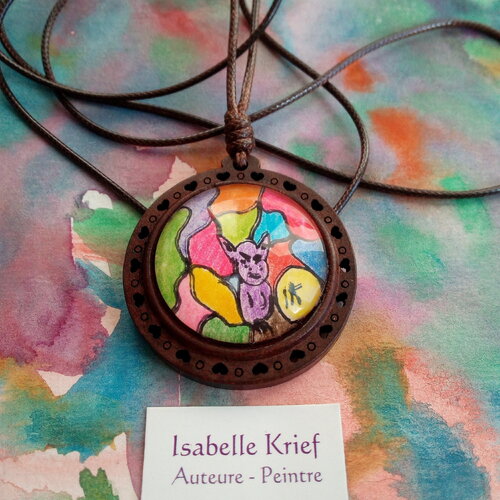 Collier pendentif en bois rond, coeurs,cabochon aquarelle d isabelle krief,art portable,abstrait surrealiste,cordon de coton coulissant