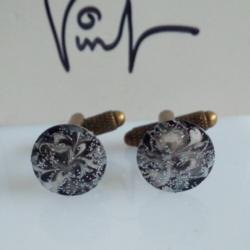 Peinture acrylique fluide,boutons de manchette laiton avec plateaux ronds 12mm,noir blanc et poudre argent,fait mains en france,cadeau fete