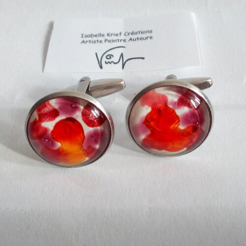 Boutons de manchettes en acier inoxydable avec cabochons ronds en verre peint par artiste,art abstrait fleur rose orange blanc violet argent