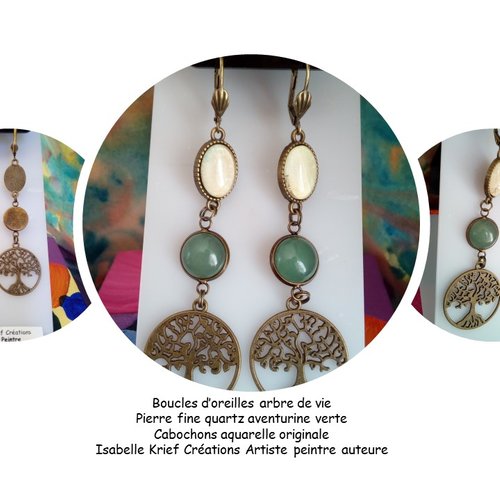 Boucles oreilles pendantes aventurine quartz pierre fine precieuse verte avec pendentifs aquarelle fleur et breloque arbre de vie,dormeuses