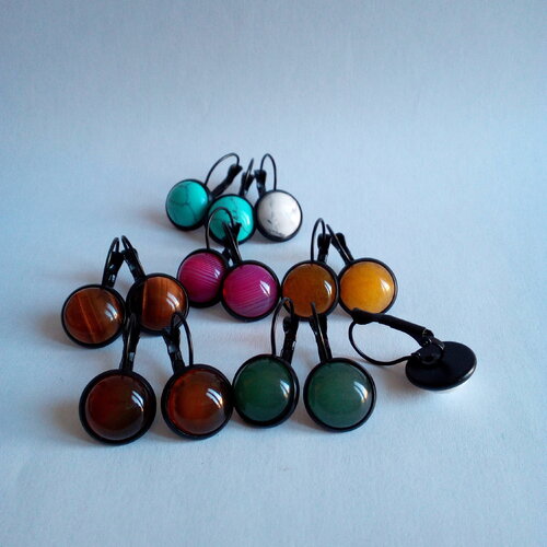 Dormeuses quartz pierre fine et turquoise,boucle oreille percée laiton noir,cabochon rond 12mm,pierre naturelle,cadeau fete anniversaire