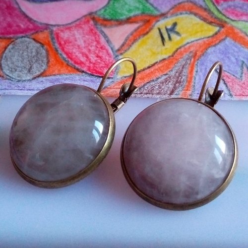 Quartz rose, boucles oreilles dormeuses en laiton bronze avec cabochons ronds 20mm pierre fine precieuse,cadeau fete anniversaire noel
