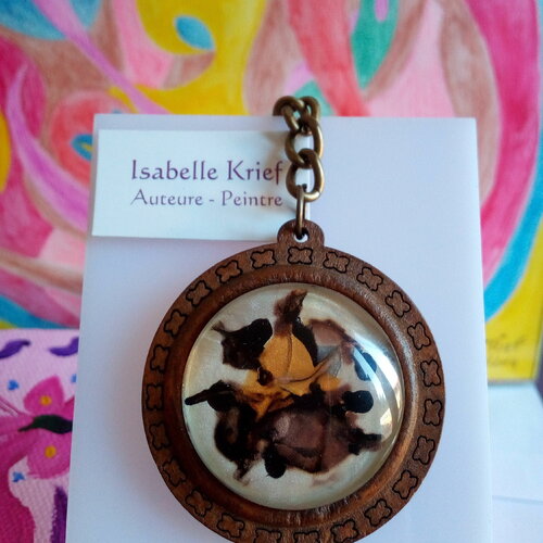 Porte clé en bois avec cabochon rond en verre peint par artiste, marron or noir nacre blanc fleuri,fermoir laiton,cadeau fete noel