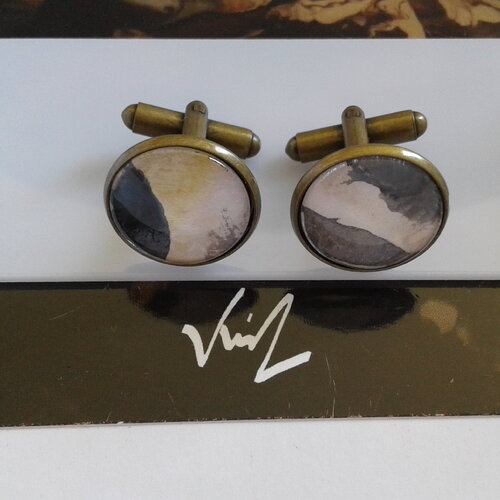 Boutons de manchettes,laiton avec cabochons en verre rond,aquarelle jaune gris,accessoire costume ceremonie,cadeau homme
